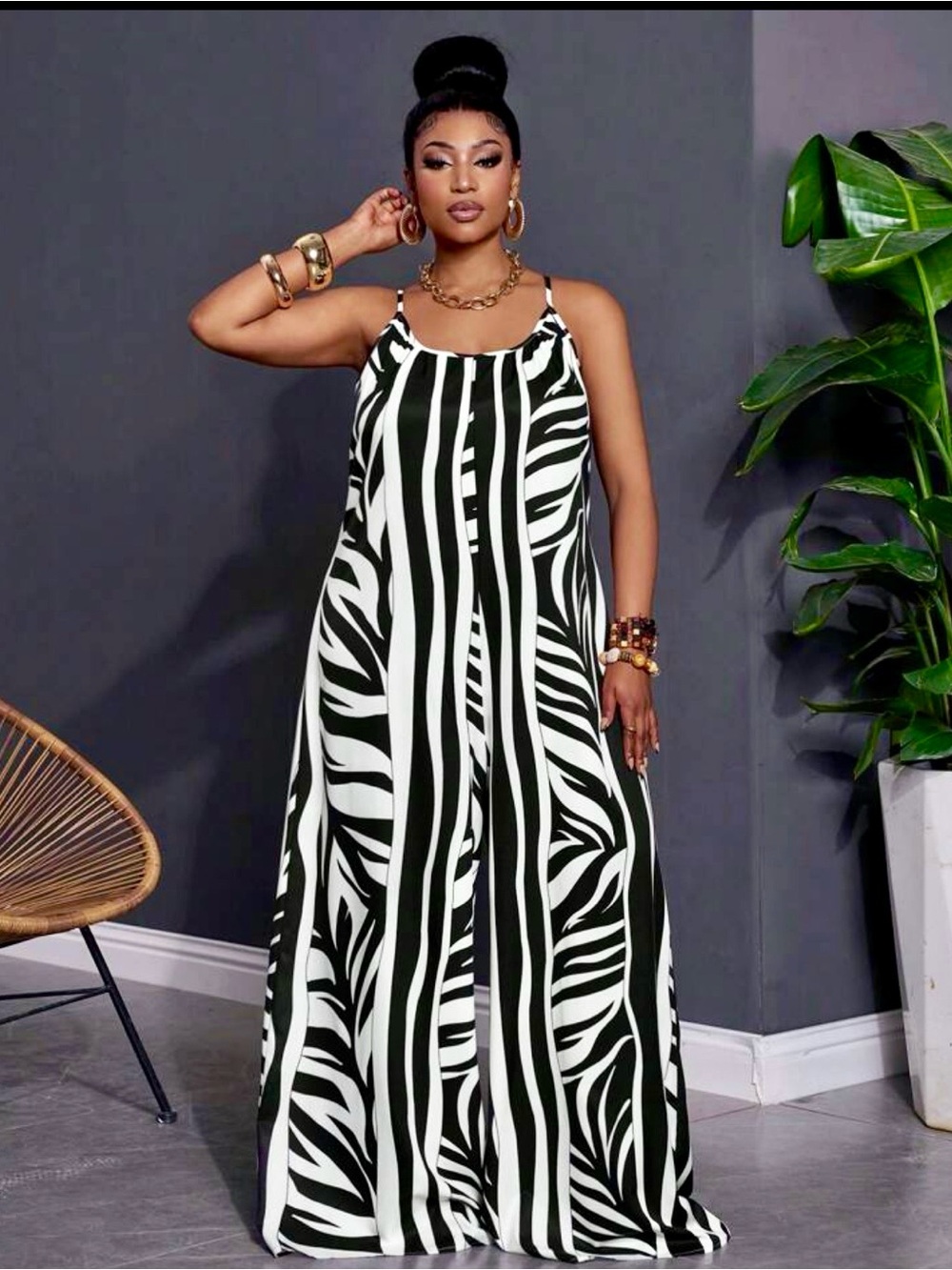 SHEIN Black & White Wide-Leg Zebra Jumpsuit